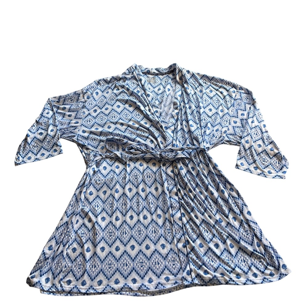 Muk Luks Robe Women 5X Blue Geometric Knit Loungewear Short Belted Wrap